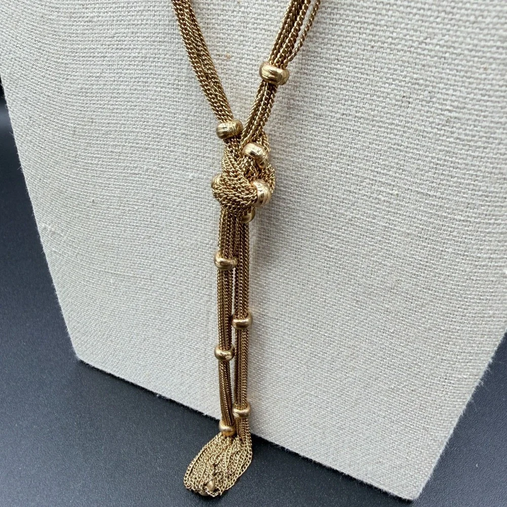 Gold Tone Multi Strand Mesh Chain Lariat Knot Tassel Necklace Statement Boho